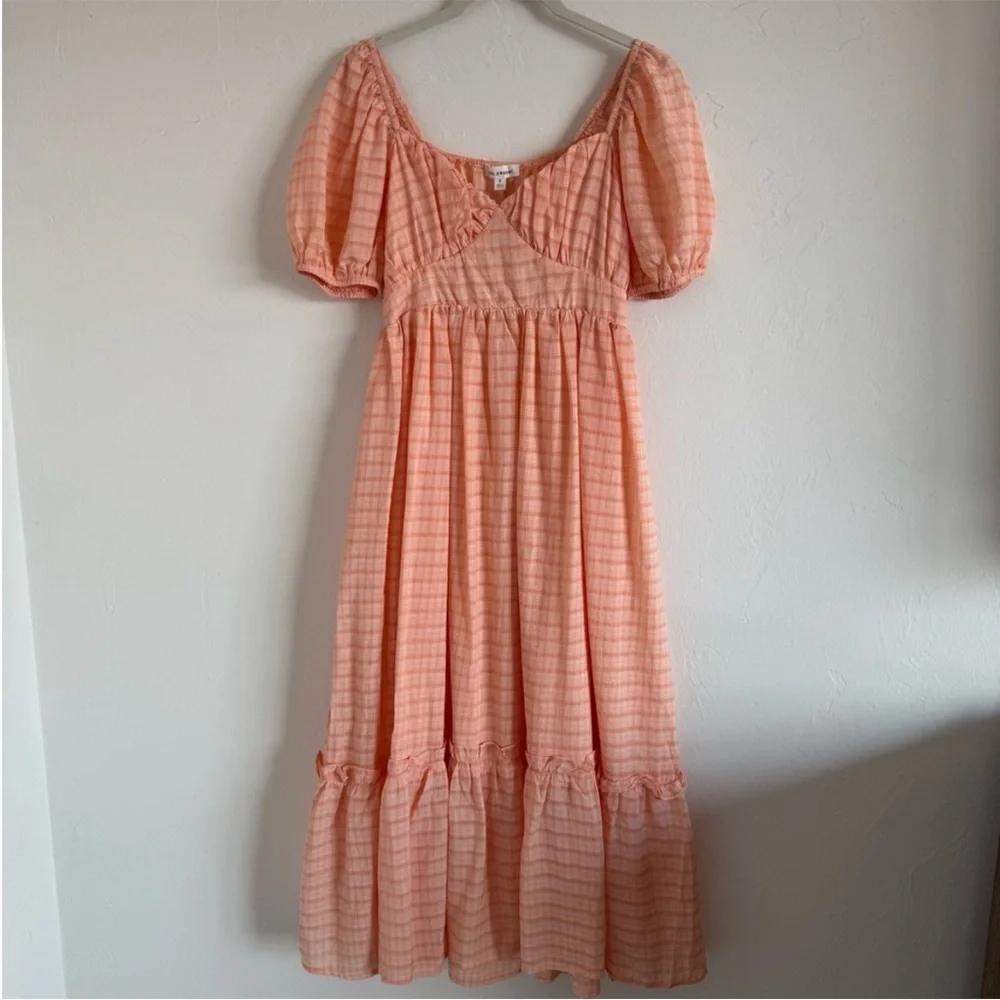 Peach Gingham Midi Dress with Puff Sleeves - Picture 1 of 4